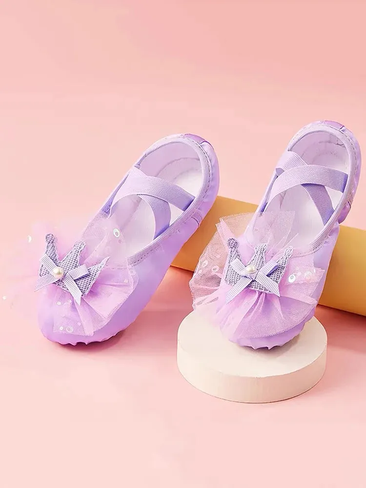 Children's dance shoes Soft soled crown decorated ballet shoes Children girls performing cat claw dance shoes
