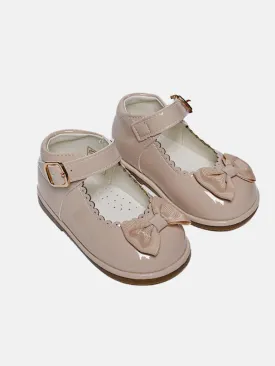 Girls Satin Bow Hard Soled Shoe - Rose Pink