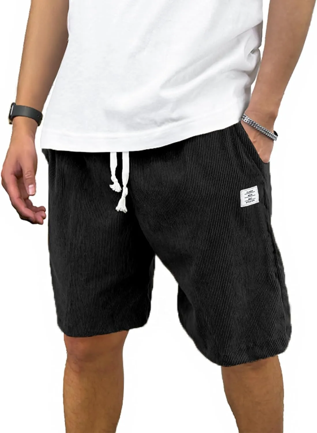 Men's Casual Shorts Corduroy Elastic Waist Drawstring 7 inch Shorts for Men with Pockets