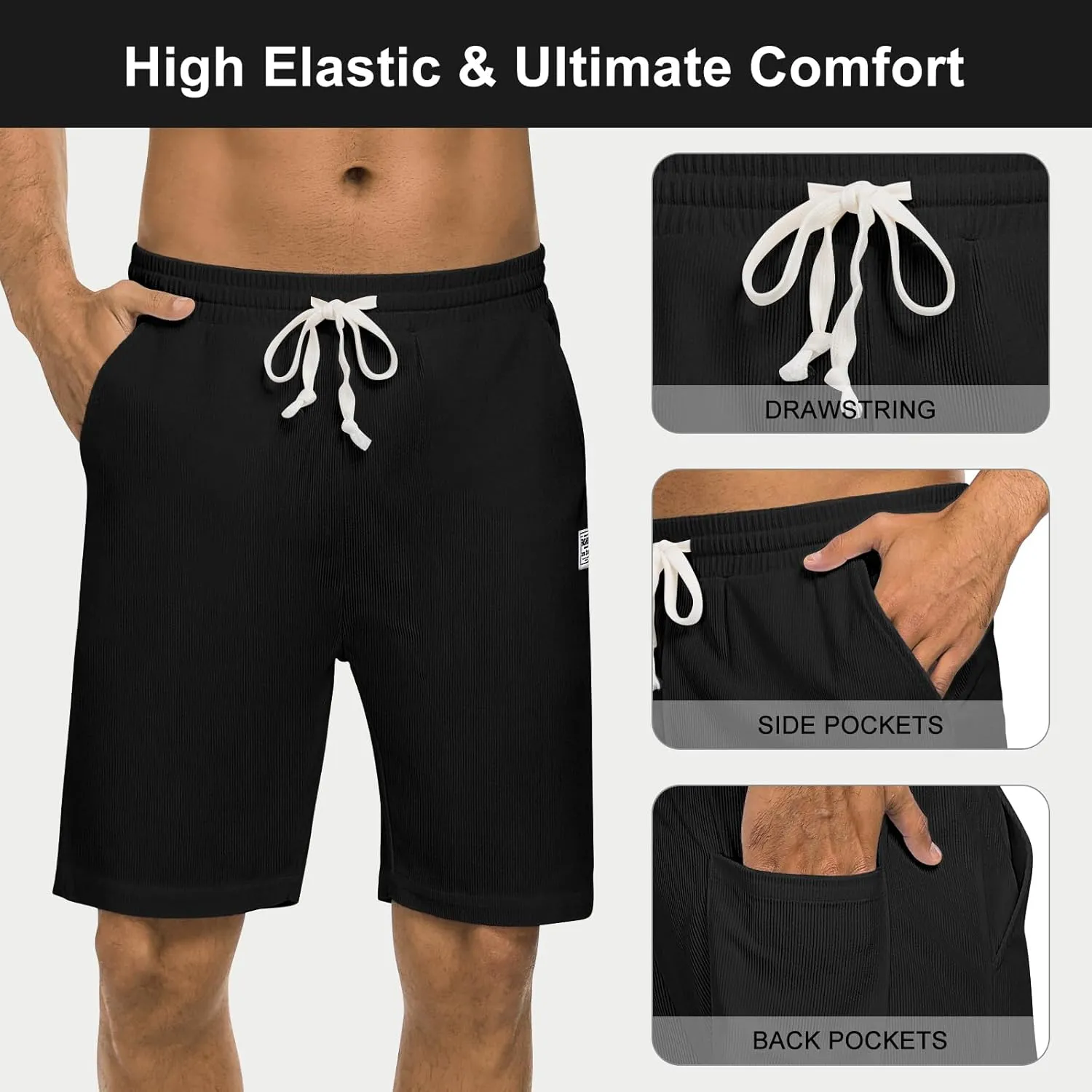 Men's Casual Shorts Corduroy Elastic Waist Drawstring 7 inch Shorts for Men with Pockets