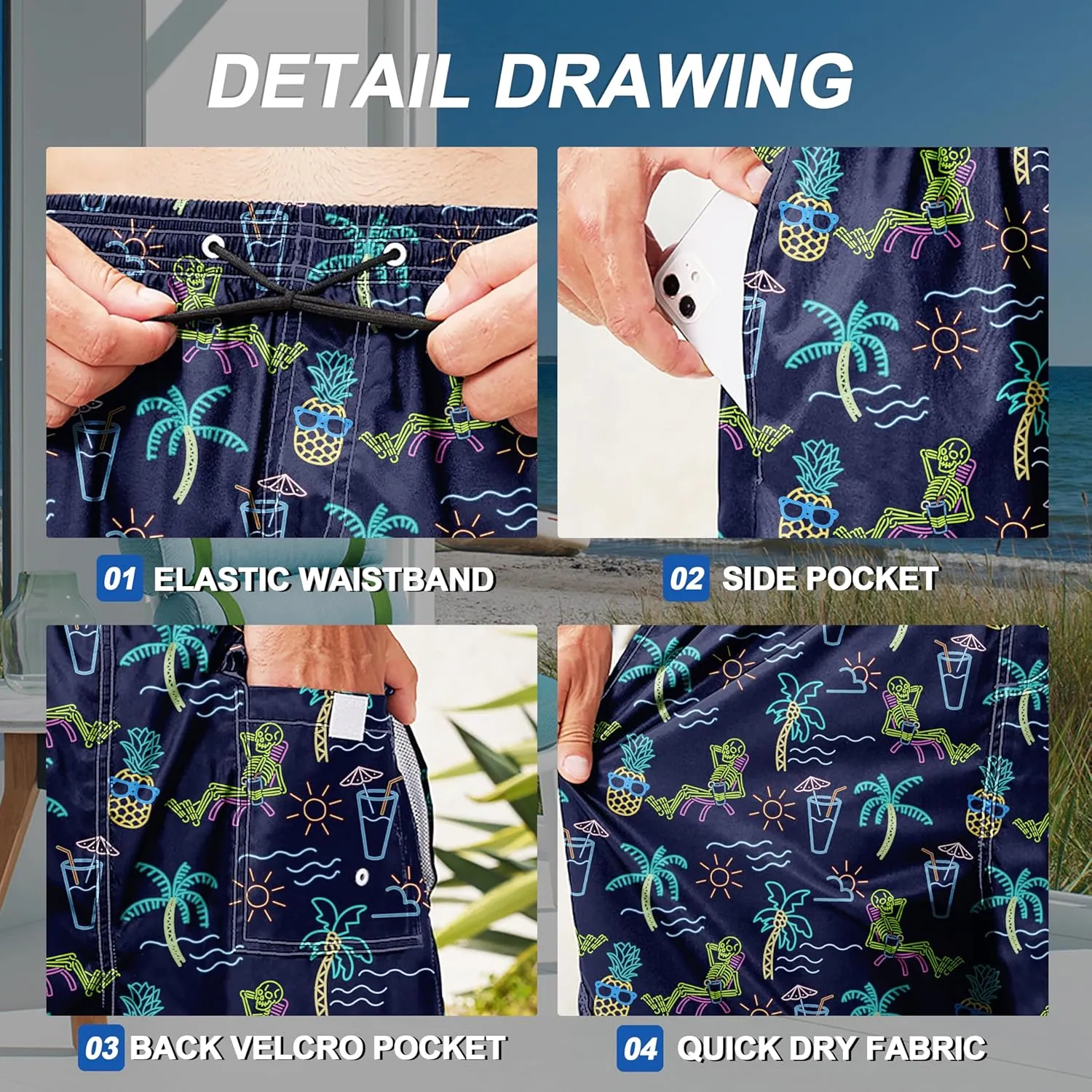 Mens Swim Trunks Quick Dry Board Shorts with Mesh Lining, Breathable Surf Beach Shorts Swimwear Bathing Suits