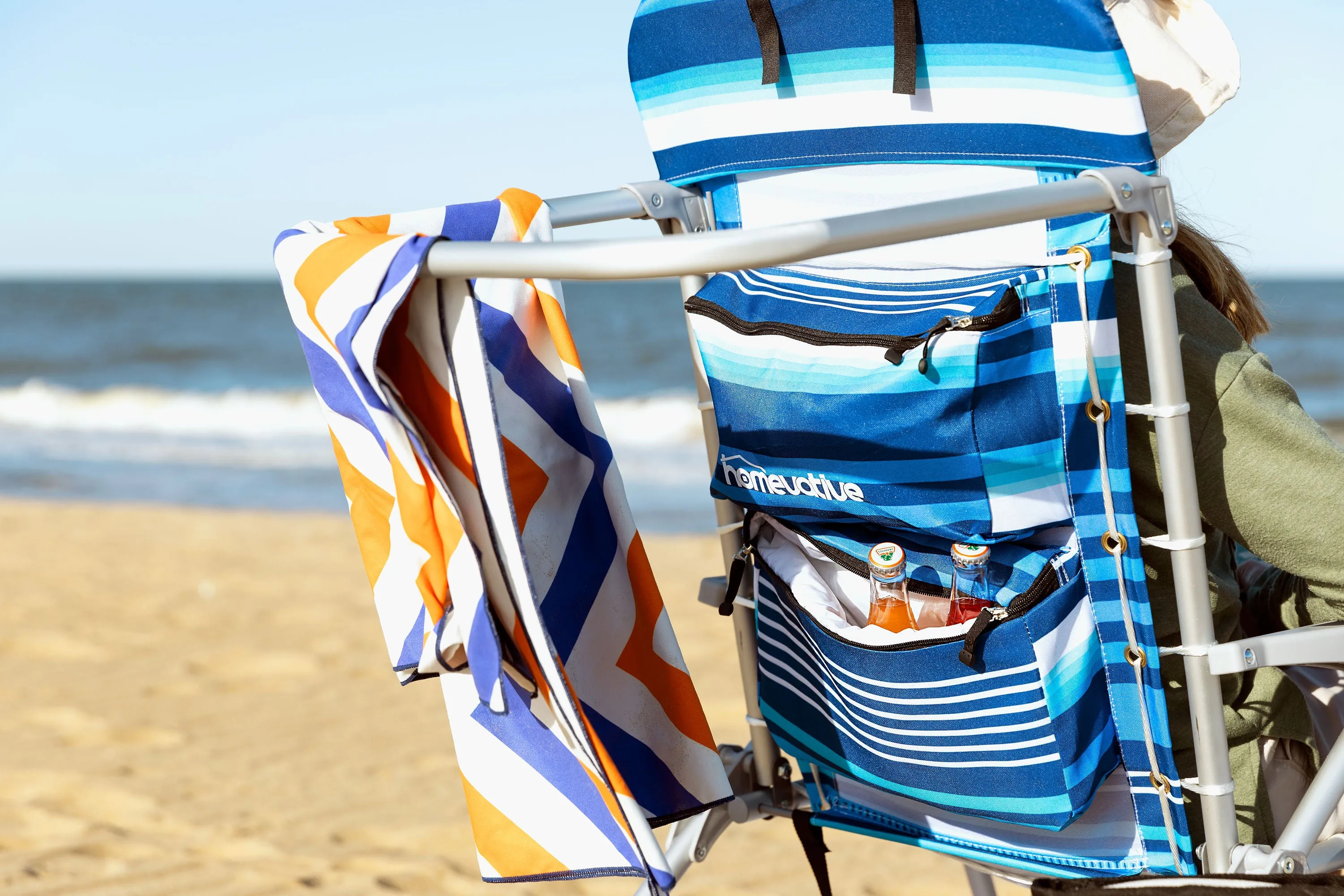 Tall Folding Backpack Beach Chair, Towel bar, Cooler Pouch and Storage