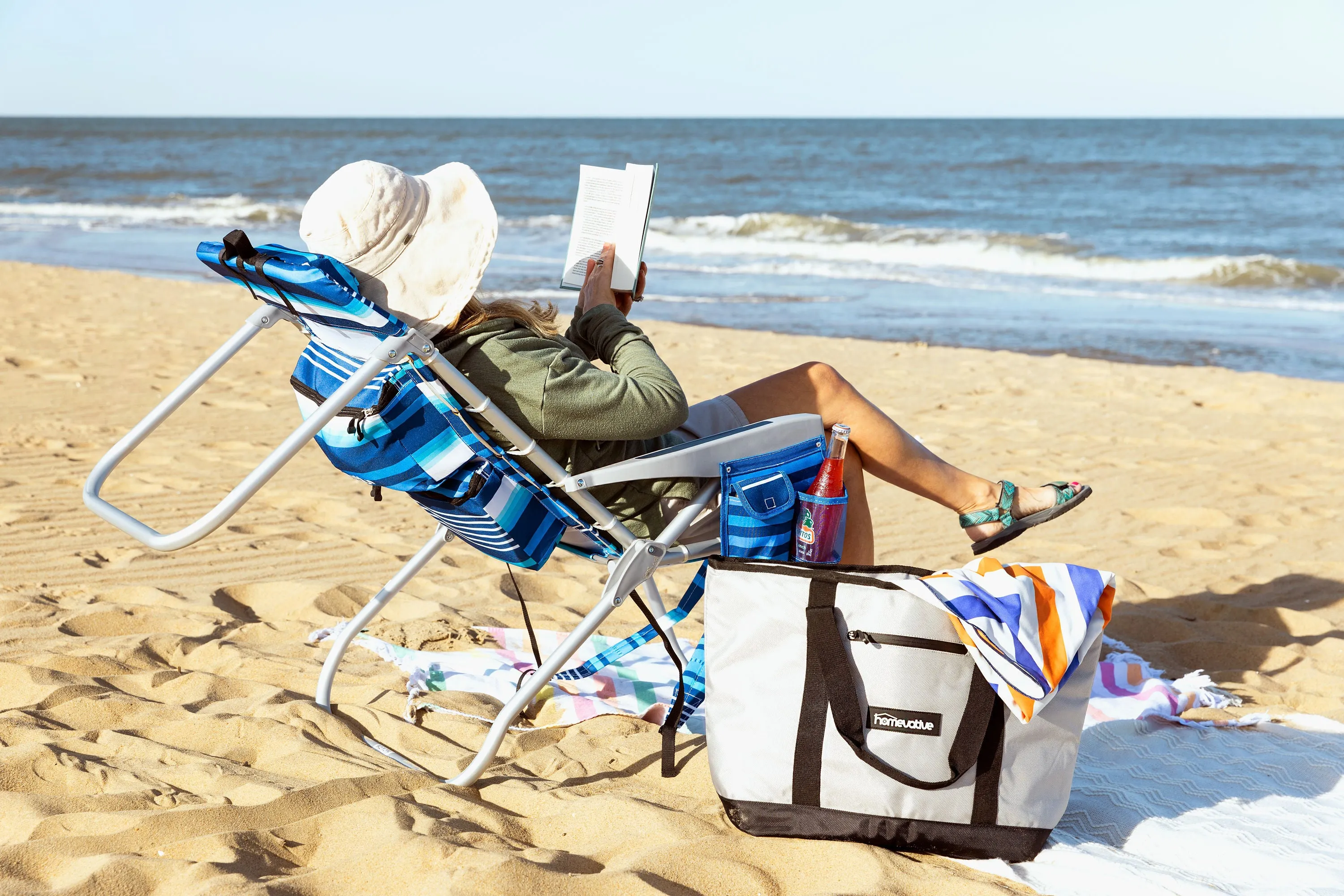 Tall Folding Backpack Beach Chair, Towel bar, Cooler Pouch and Storage