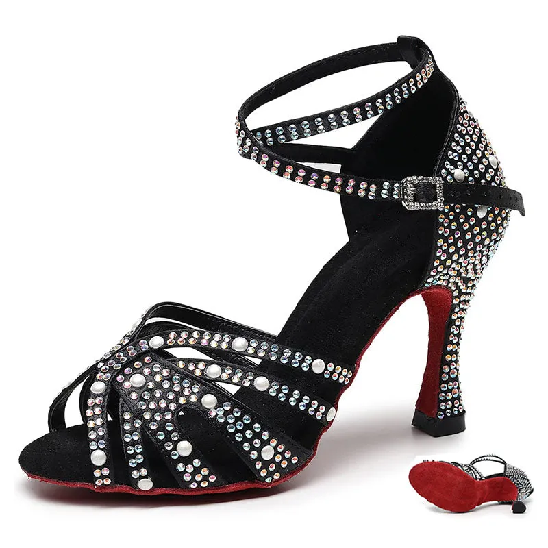 Women's Satin Customized Heel Latin Dance Shoes Ballroom Dance Shoes With Rhinestone