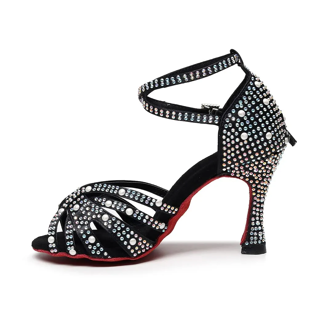 Women's Satin Customized Heel Latin Dance Shoes Ballroom Dance Shoes With Rhinestone